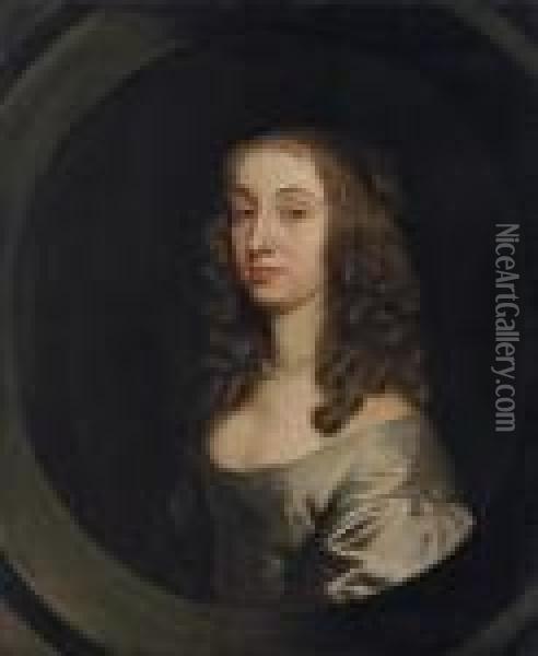 Portrait Of Lady, Traditionally 
Identified As Jane, Wife Of Sir Nicholas Pelham, Bust-length, In A Grey 
Dress And Pearls, In A Sculpted Cartouche Oil Painting - Sir Peter Lely