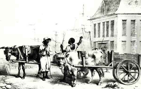 Negro Boys with bullock carts, from 'Voyage a Surinam' 1834 Oil Painting - Pierre J. Benoit