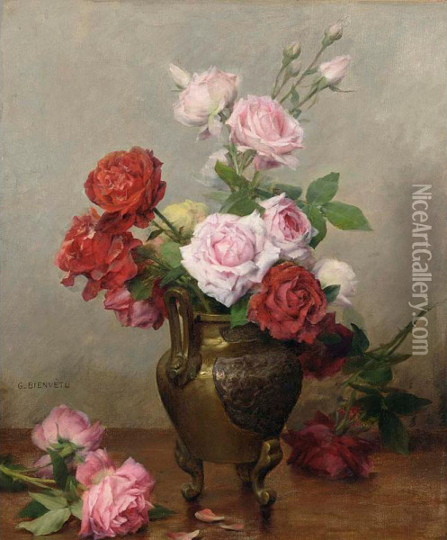 Roses In A Stone Jug Oil Painting - Gustave Bienvetu