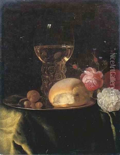A roemer of white wine, a bread roll and nuts on a silver plate, together with roses on a green-draped table Oil Painting - Simon Luttichuys