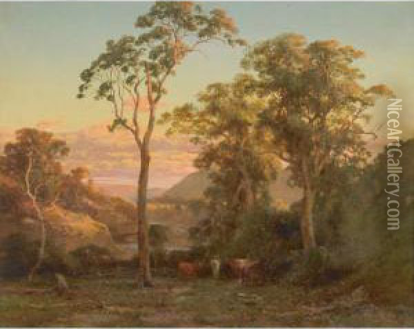 Near Bacchusmarsh [sic]. Sunset On The Werribee Oil Painting - Abraham Louis Buvelot