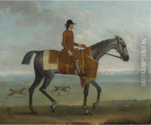 A Grey Racehorse With A Jockey Up Exercising On Newmarket Heath Oil Painting - James Seymour