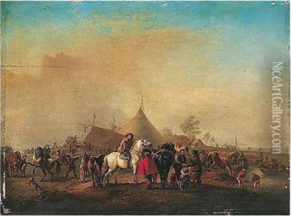 A Military Encampment With Horsemen And Other Figures Beside A River Oil Painting - Pieter Wouwermans or Wouwerman