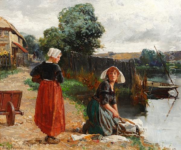 Two Laundry Maids By The River Oil Painting - John Mallard Bromley