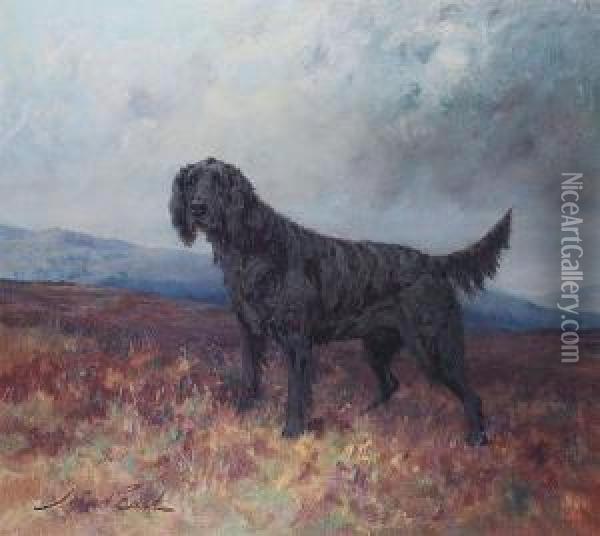 Cover Point - A Flat Coat Retriever On Amoor Oil Painting - Maud Earl