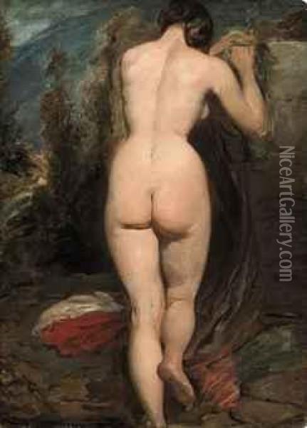 Female Nude, Seen From Behind, Leaning On A Rock Oil Painting - William Etty