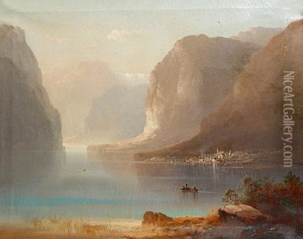 Alpine Lake Scene Oil Painting - Ferdinand Feldhuetter