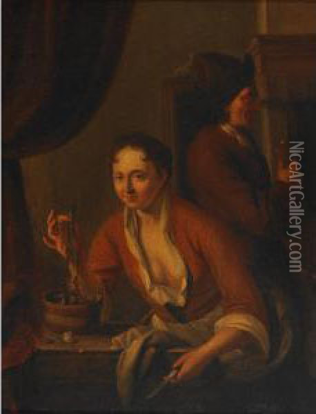 Lady Holding A Herring While A Visitor Savours Thetoast Oil Painting - Dominicus van Tol
