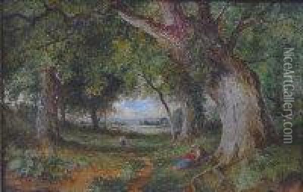 Figures In A Woodland Landscape Oil Painting - Henry Chaplin