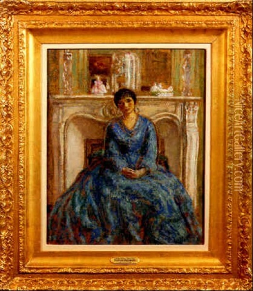 Woman In Blue Oil Painting - Frederick Carl Frieseke