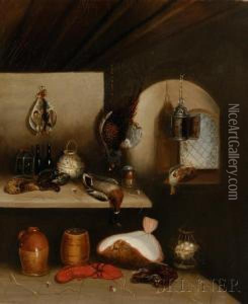Still Life With Fish And Game In A Larder Oil Painting - Benjamin Blake