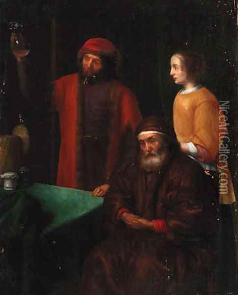 A doctor with an old man and his daughter in an interior Oil Painting - Abraham Van Dyck