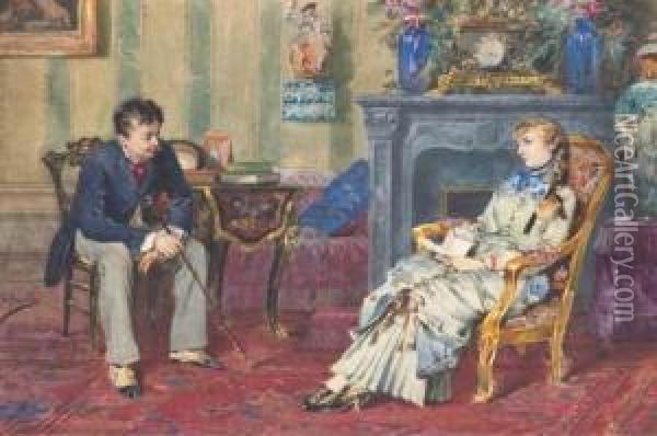 Un Couple Assis Dans Un Interieur, La Femme Tenant Une Lettre Oil Painting - Arturo Orselli