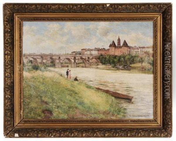 Landscape With River And Figures Fishing Oil Painting - Abel Boulineau