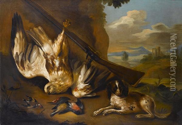 A Spaniel With A Dead Sparrowhawk, Goldfinch And Finch, With A Flintlock Beside A Tree, A View To A Landscape Beyond Oil Painting - Charles Collins