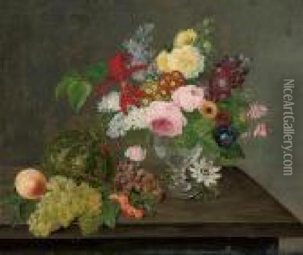 Roses, Amarylis, Polyanthers, Chrysanthemums Oil Painting - Johan Laurentz Jensen