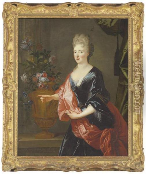 Portrait Of A Lady, 
Traditionally Identified As The Duchessefrancoise Marie De Bourbon 
(mademoiselle De Blois), Wife Ofphilippe, Regent Of France, Standing 
Three-quarter-length, In Ablue Dress Oil Painting - Nicolas de Largillierre