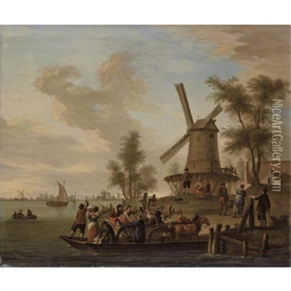 A River Landscape With A Ferry And A Windmill Oil Painting - Franz de Paula Ferg