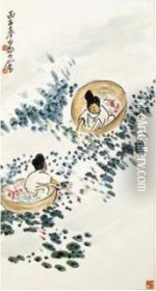 Harvesting Water Chestnut Oil Painting - Wang Zhen
