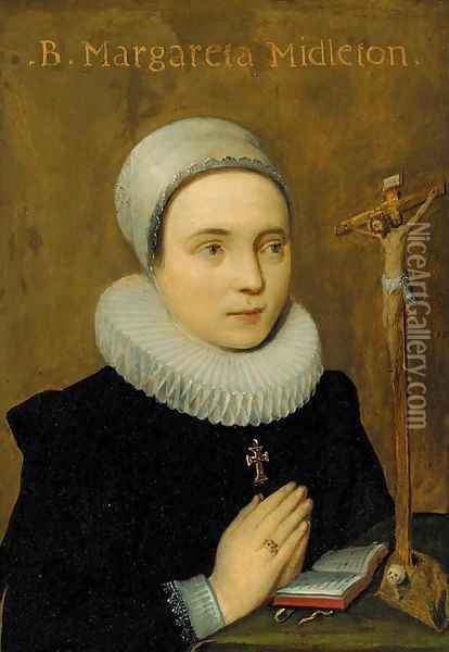 Portrait of Margareta Midleton, small half-length, praying at an altar Oil Painting - English School