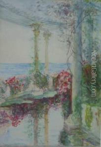 Blick Von Einer Blumenumrankten Terrasse Auf Das Meer Oil Painting - Hans Dan Peder