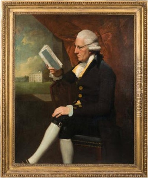 Portrait Of Sir Edward Cotsford Of Clyst St George, Three-quarter Length Seated In An Interior View Through A Window To Winslade House Beyond Oil Painting - Lemuel Francis Abbott