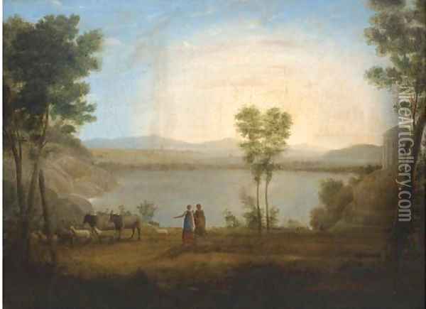 A classical landscape with a shepherd and shepherdess by a lake Oil Painting - Hendrik Frans van Lint (Studio Lo)