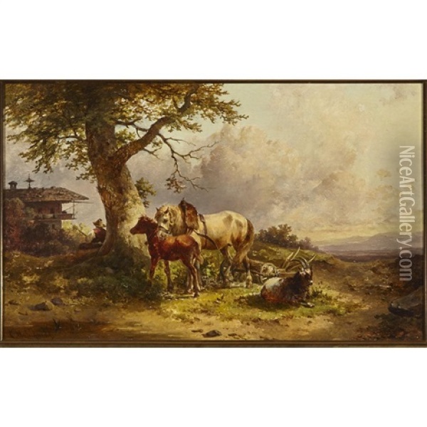 Two Horses And A Goat With Herder Fishing Nearby Oil Painting - Edmund Mahlknecht