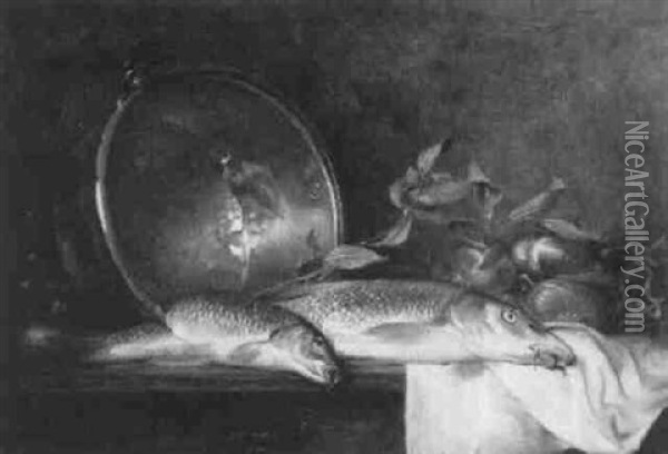 Fischstilleben Mit Zwiebeln Und Kupferkessel Oil Painting - Jules Jacques Olivier de Cocquerel