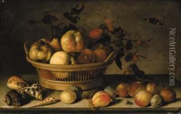 Apples, Pears And A Branch Of Mulberries In A Basket Oil Painting - Balthasar Van Der Ast