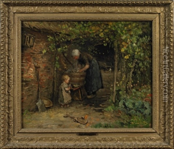 Mother With Daughter Holding Doll On Washing Day Oil Painting - Bernardus Johannes Blommers
