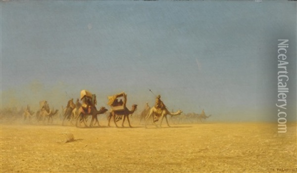 Camel Train In The Desert Oil Painting - Charles Theodore (Frere Bey) Frere