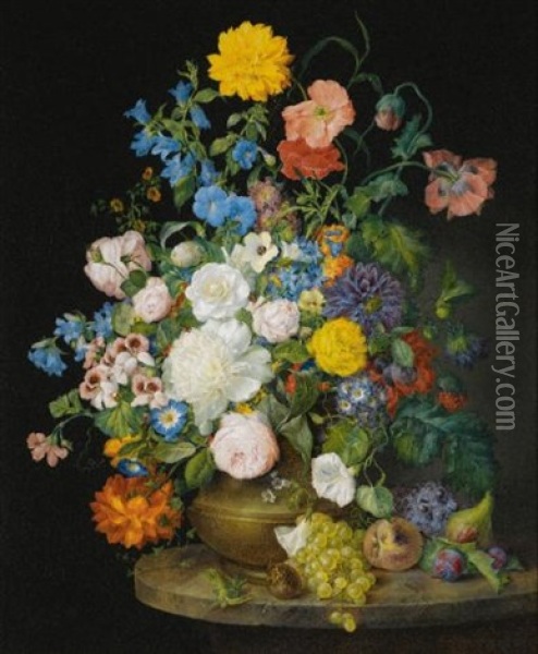 A Vase Of Camellias, Geraniums, Dahlias, A White Peony, Roses, Poppies And Other Flowers, With Fruit On A Stone Ledge Oil Painting - Franz Xaver Petter