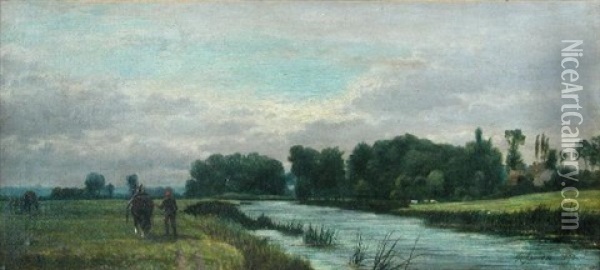 The River Cam With A Horseman And A Heavy Horse Going Along The Towpath Oil Painting - Robert B. Farren