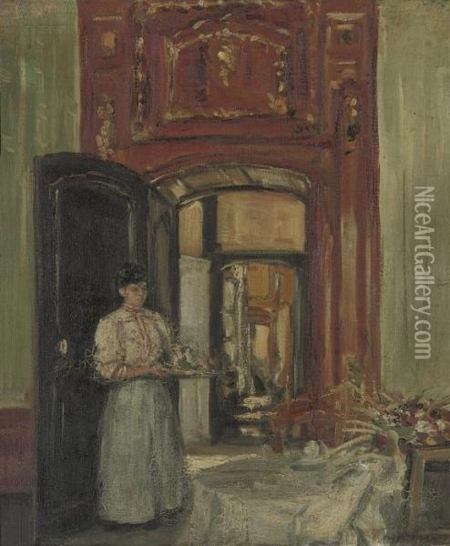 Interior With Maid Carrying A Tray: Montreuil-sur-mer Oil Painting - Philip Wilson Steer