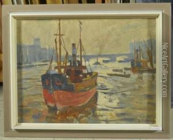 Schiff Auf Themse. Oil Painting - Rudolf Hellwag