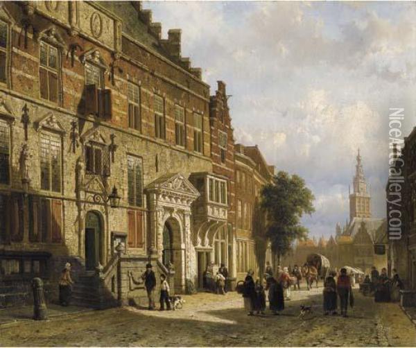 The Town Hall On The Burchtstraat With The St Stevenskerk Beyond Oil Painting - Cornelis Springer