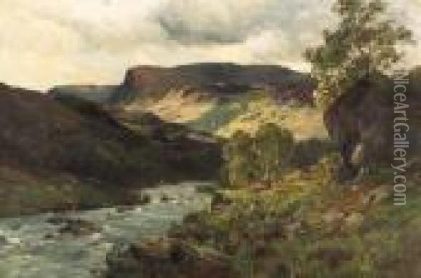 A Highland River Landscape Oil Painting - Alfred de Breanski