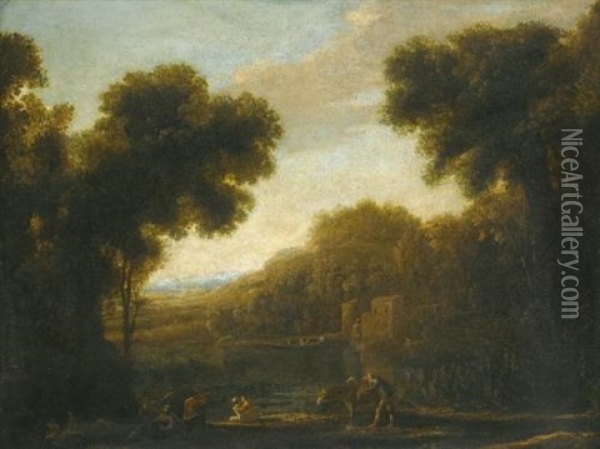 A River Landscape With Travellers On The Bank Oil Painting - Claude Lorrain