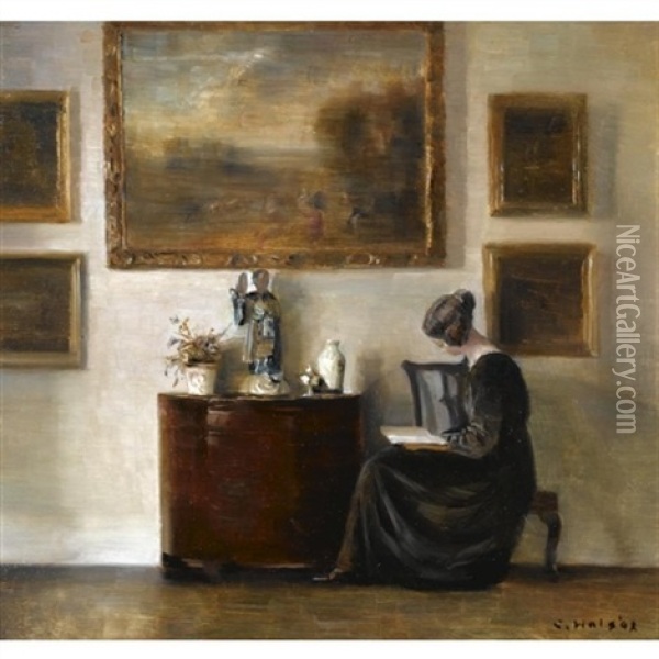 Lady In An Interior Reading Oil Painting - Carl Vilhelm Holsoe