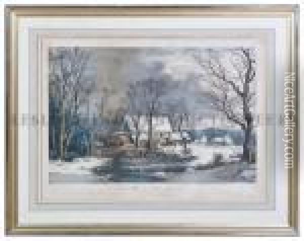 Winter In The Country. The Old Grist Mill. Oil Painting - Currier