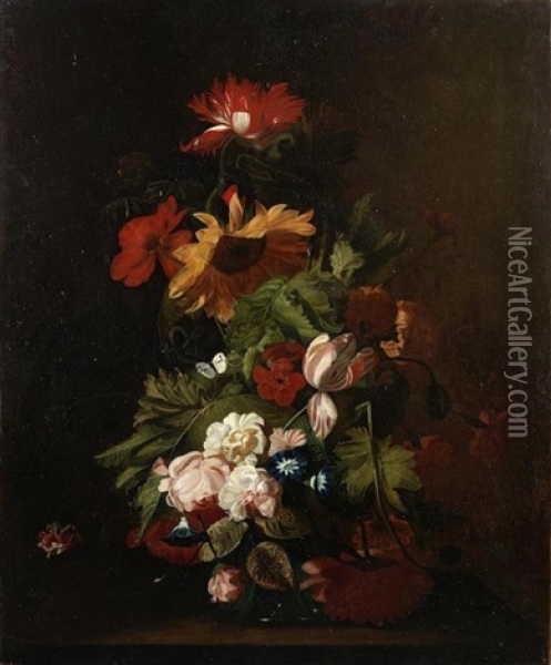 A Sunflower, Tulips, Roses And Other Flowers In A Glass Vase On A Table-top Oil Painting - Simon Pietersz Verelst