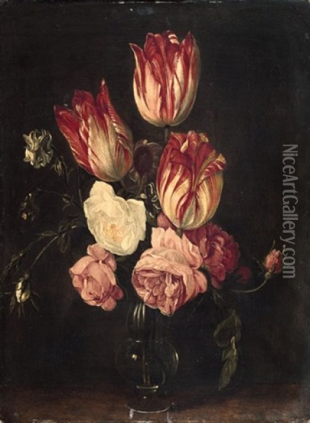 Bouquet De Tulipes Et De Roses Dans Un Vase Oil Painting - Jan van den Hecke the Elder