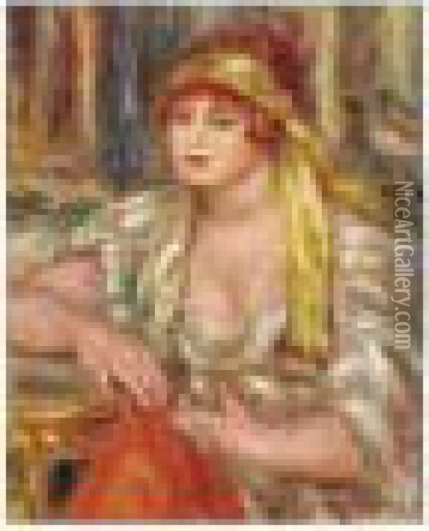 Andree En Turban Jaune Et Jupe Rouge Oil Painting - Pierre Auguste Renoir
