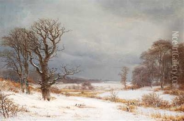 Kuperet Vinterlandskab Set Mod En Gra Himmel Oil Painting - Nordahl (Peter Frederik N.) Grove