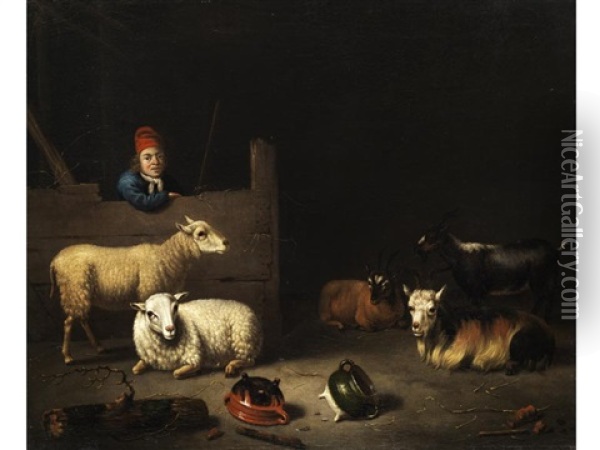 Stallinneres Mit Schafen Und Ziegen Sowie Einem Knaben Mit Roter Mutze Und Blauem Wams Oil Painting - Hubert van Ravesteyn