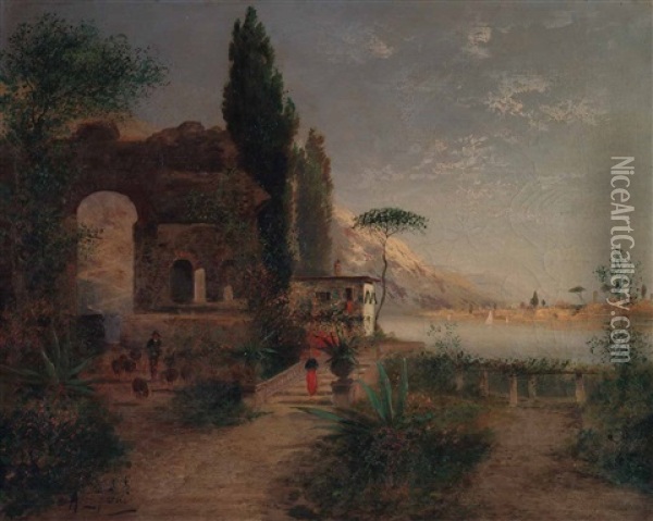 Italienische Kustenlandschaft Mit Ruine, Schafer U. Agaven Bei Casamicciola Oil Painting - Georg Fischhof
