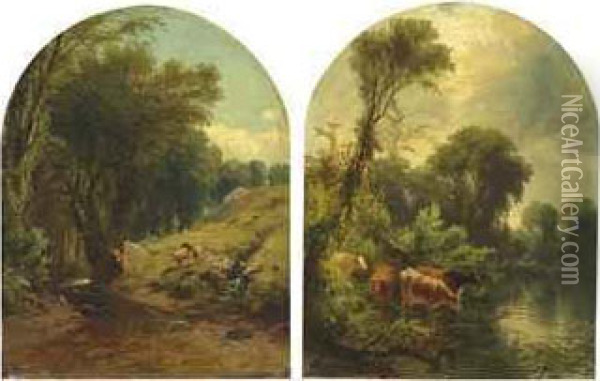 Sheep By A Stream And Cows Watering Oil Painting - James McDougal Hart