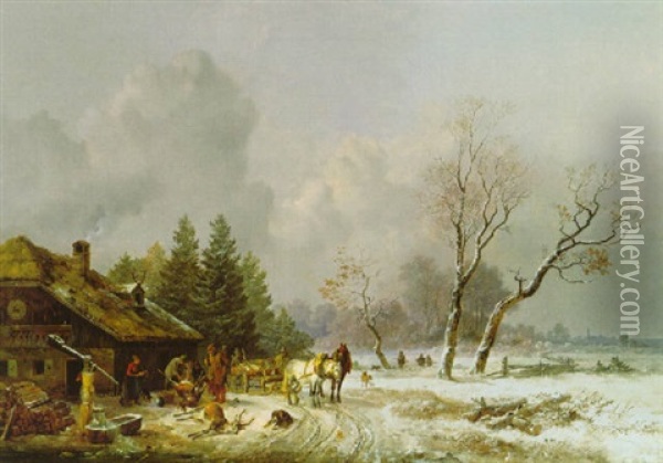 Winterlandschaft Mit Heimkehrenden Jagern Oil Painting - Heinrich Buerkel
