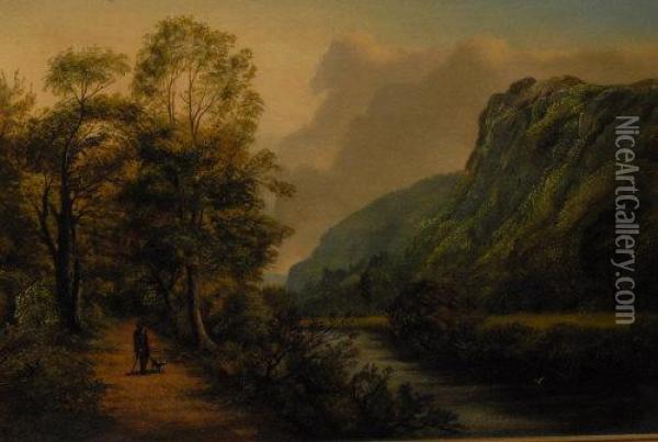 Matlock, Figure On Woodland Path Beside The Derwent Oil Painting - David Payne
